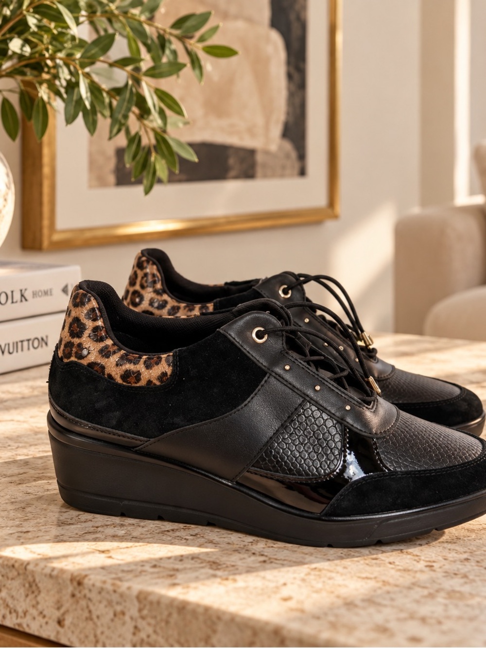 Respira Geox | NWT Women’s 9 Black Suede Leopard Trim Wedge Sneakers - Picture 2 of 13
